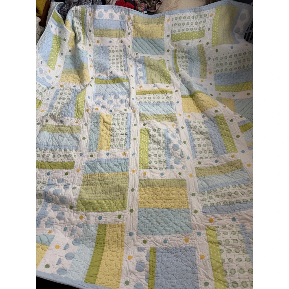 Pottery Barn Kids Patchwork Quilt Blue  Polka Dot Striped full Cottagecore